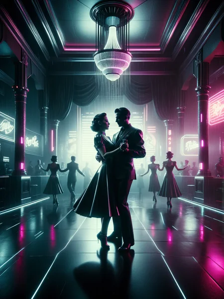 man and woman dancing in a ball room, rain, cyberpunk, noir, 1940s <lora:Neon_Noir_SDXL:0.8> mad-neon-noir, masterpiece, best quality, ultra high res, (photorealistic, realistic:1.2), deep shadow, raw photo, film grain, Fujifilm XT3, 8k uhd, dslr