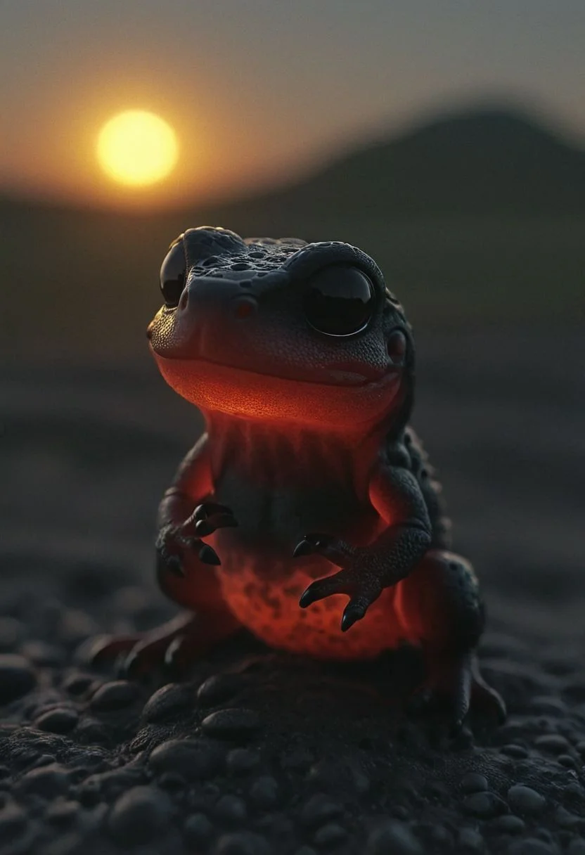 subsurface scattering, small black poison frog-dinosaur detailed hand closeup, infront of Sunset, , 
atmospheric haze, Film grain, cinematic film still, shallow depth of field, highly detailed, high budget, cinemascope, moody, epic, OverallDetail, 2000s vintage RAW photo, photorealistic, candid camera, color graded cinematic, atmospheric lighting, imperfections, natural, shallow dof