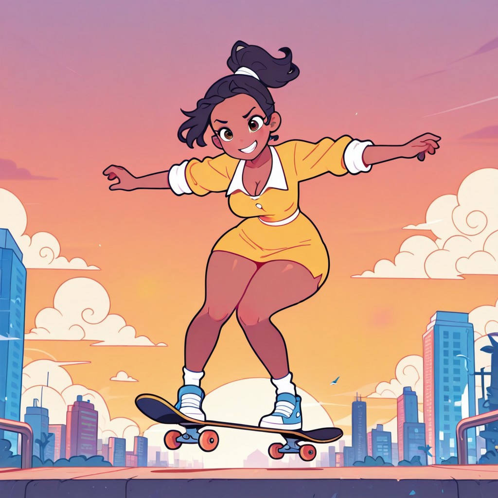 masterpiece,best quality,amazing quality,
Flatline, Flat vector illustration,
tianaxd, dark skin, dark-skinned female, black hair, brown eyes,yellow shirt, ponytail, long sleeves, yellow skirt,
girl skateboarding, big breasts, cleavage, slim waist, wide hips, round butt, thicc, thick thighs, mischievous expression, mischievous grin, facing viewer, retrofuturistic city, cirrus clouds, sunset, windy,