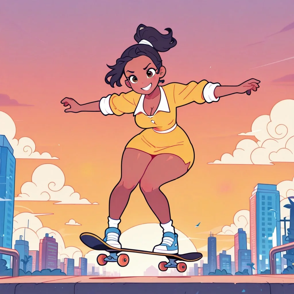 masterpiece,best quality,amazing quality,
Flatline, Flat vector illustration,
tianaxd, dark skin, dark-skinned female, black hair, brown eyes,yellow shirt, ponytail, long sleeves, yellow skirt,
girl skateboarding, big breasts, cleavage, slim waist, wide hips, round butt, thicc, thick thighs, mischievous expression, mischievous grin, facing viewer, retrofuturistic city, cirrus clouds, sunset, windy,