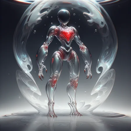 score_9, score_8_up, <lora:BubblyTech_PonyXL_B-000013:1>,bubblytech ,scifi, transparency, caustics , iridescent,
concept art, tall, full body, black inky skin, faceless, eyeless, noseless, mouthless, long fingernails, red bioluminescence, dark magic aura,,