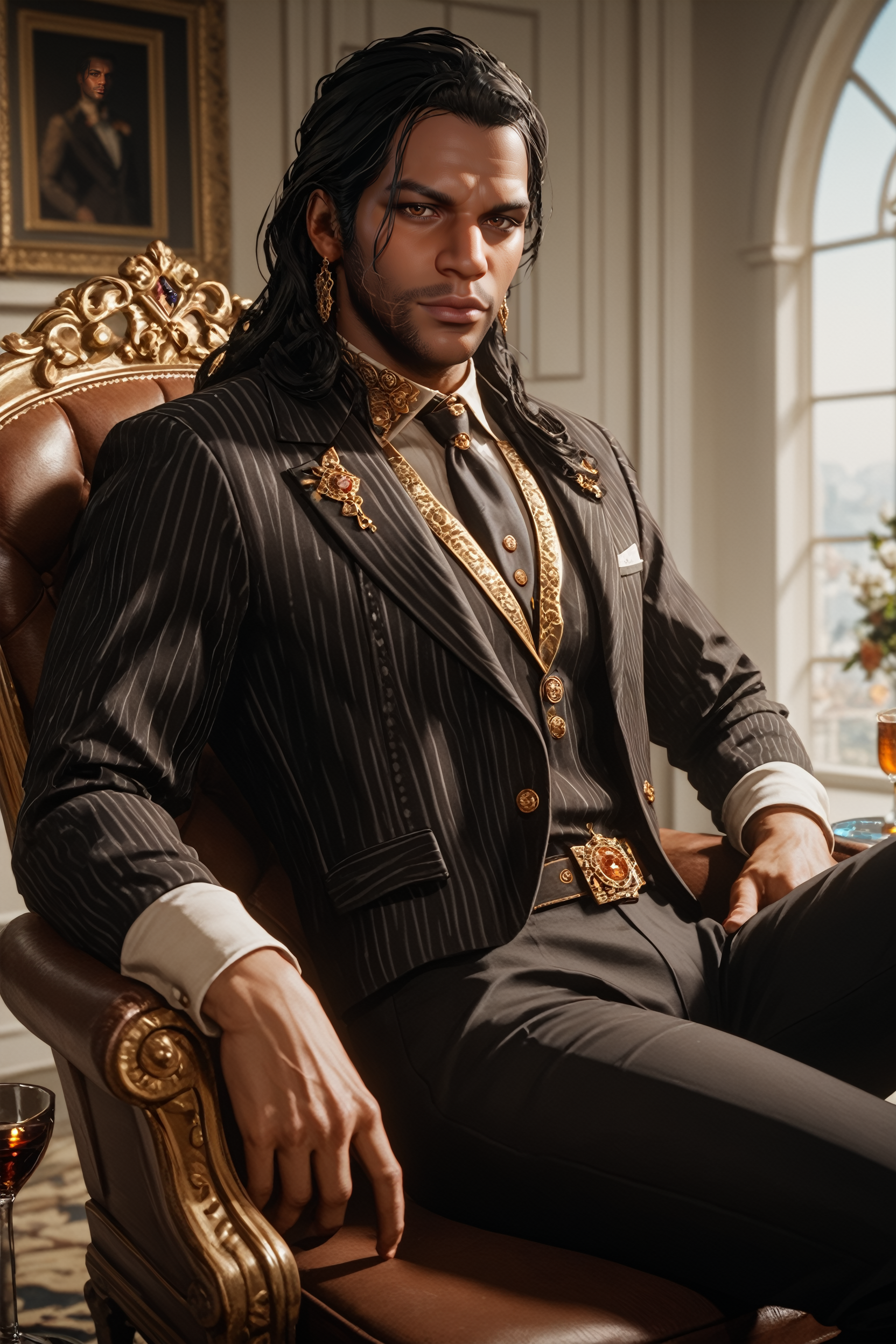 score_9, score_8_up, score_7_up,
<lora:RDR2Charles:0.8>
RDR2Charles, 1boy, black hair, brown eyes, long hair, facial hair, dark skin, looking at viewer, Inside a luxurious penthouse suite, sophisticated yakuza attire, reclining on a leather chair with a glass of whiskey, surrounded by opulence
