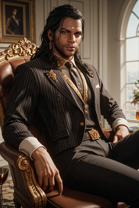 score_9, score_8_up, score_7_up,
<lora:RDR2Charles:0.8>
RDR2Charles, 1boy, black hair, brown eyes, long hair, facial hair, dark skin, looking at viewer, Inside a luxurious penthouse suite, sophisticated yakuza attire, reclining on a leather chair with a glass of whiskey, surrounded by opulence