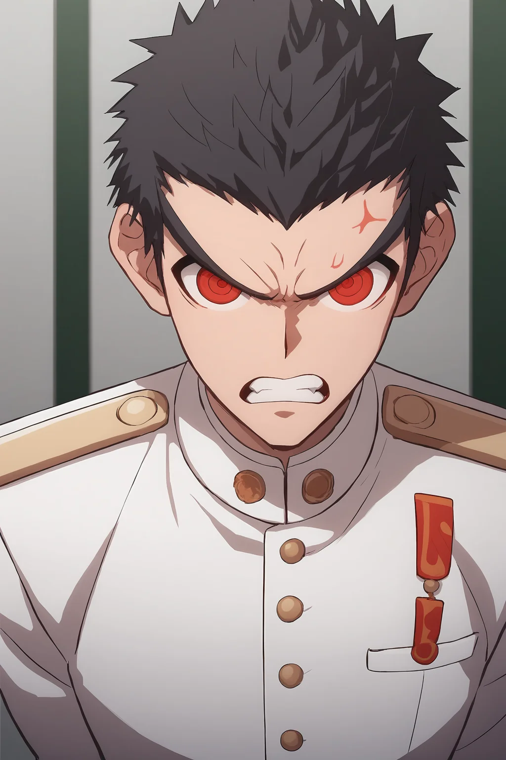 score_9, score_8_up, score_7_up, source_anime,
Kiyotaka, male focus, looking at viewer, black hair, red eyes, white uniform, angry,
<lora:smoothanime:1> <lora:Pony_DetailV2.0:1> <lora:Kiyotaka_Taka_Ishimaru:1>
