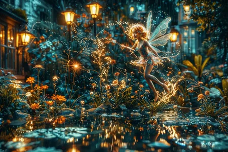 Close up photo of a ((water fairy)) gliding over a pond in a garden, reflections in the water, night scene. ral-exposure, in the style of double exposure, Art Nouveau, long exposure, layered lines, chiaroscuro,  best quality, masterpiece, absurdres, incredibly absurdres colorful,8K,RAW, Long_Exposure <lora:ral-exposure-sdxl:0.700000>