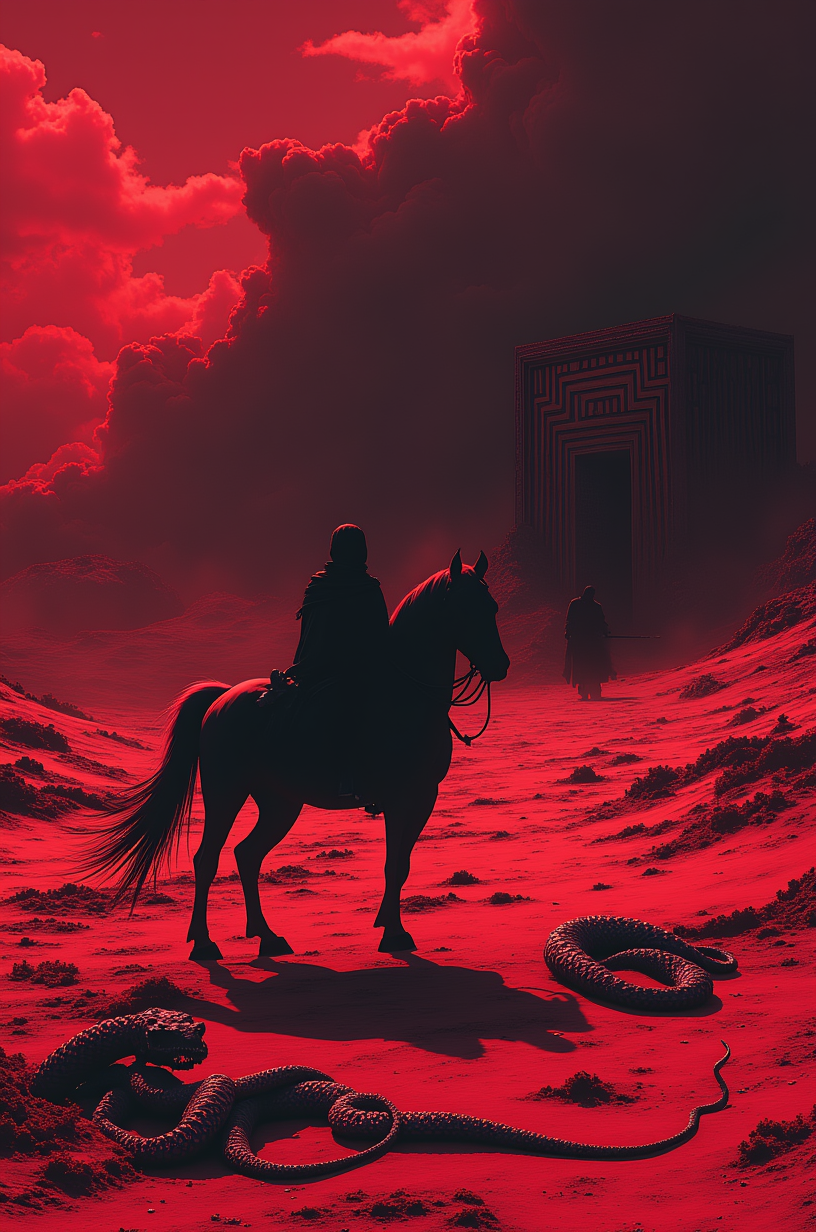 newfantasycore, Surreal Abstract Fantasy Style, Low Angle, Here's your fantasy image prompt:
"A ghostly nomad rides an obsidian steed across a crimson-lit desert, while bone serpents writhe in the sand beneath their hooves. In the distance, a spirit channeler summons echoes of screaming souls to guide them towards the abyssal call. A shadowy labyrinth looms in the darkness, its entrance guarded by two warriors wielding great obsidian swords."
Let me know if this meets your expectations!