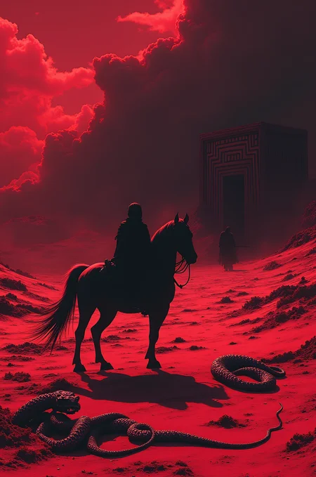 newfantasycore, Surreal Abstract Fantasy Style, Low Angle, Here's your fantasy image prompt:
"A ghostly nomad rides an obsidian steed across a crimson-lit desert, while bone serpents writhe in the sand beneath their hooves. In the distance, a spirit channeler summons echoes of screaming souls to guide them towards the abyssal call. A shadowy labyrinth looms in the darkness, its entrance guarded by two warriors wielding great obsidian swords."
Let me know if this meets your expectations!