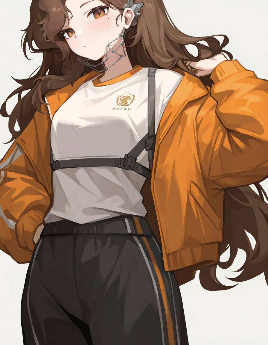 yaxian,1girl,solo,looking at viewer,simple background,white background,cowboy shot,brown eyes,<lora:yaxian-000014>,alternate costume,sportswear,, masterpiece, best quality, very aesthetic, absurdres,newest, incredibly absurdres,
