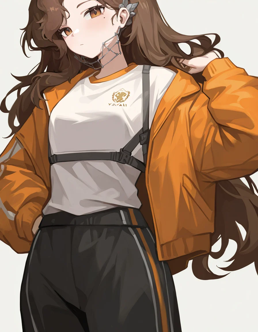 yaxian,1girl,solo,looking at viewer,simple background,white background,cowboy shot,brown eyes,<lora:yaxian-000014>,alternate costume,sportswear,, masterpiece, best quality, very aesthetic, absurdres,newest, incredibly absurdres,