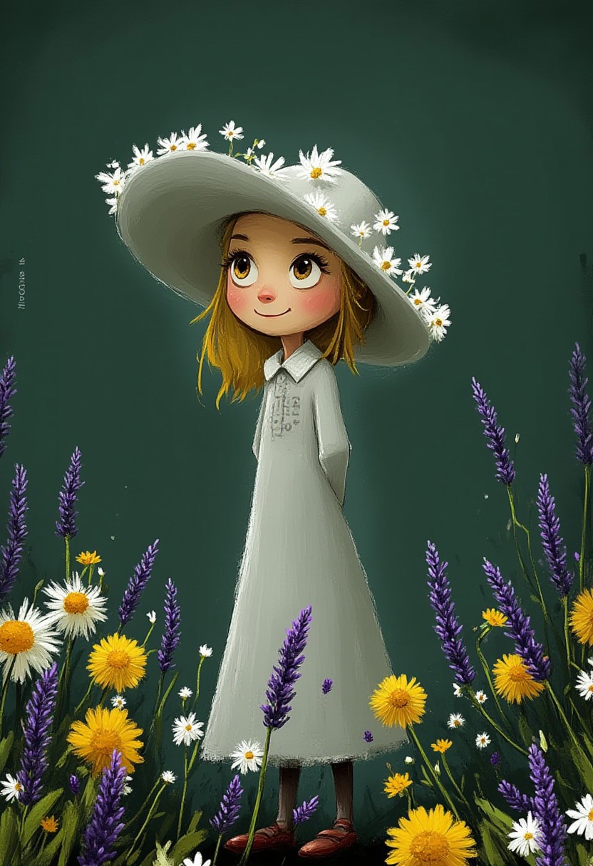 A whimsical illustration of a girl in dark whimsical art style, wearing white daisy-decorated hat and grey dress, standing among wildflowers and lavender, digital painting with gentle brushstrokes, dark green background, characteristic Tim Burton inspired design with large eyes and sweet smile
