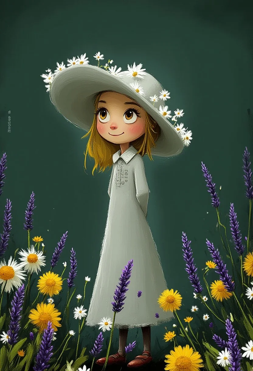 A whimsical illustration of a girl in dark whimsical art style, wearing white daisy-decorated hat and grey dress, standing among wildflowers and lavender, digital painting with gentle brushstrokes, dark green background, characteristic Tim Burton inspired design with large eyes and sweet smile