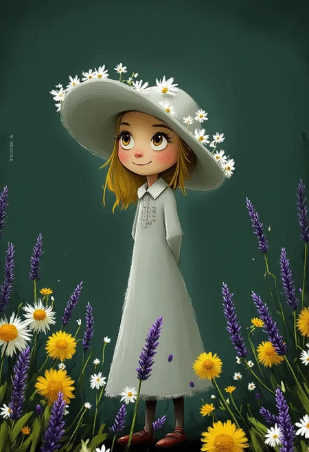 A whimsical illustration of a girl in dark whimsical art style, wearing white daisy-decorated hat and grey dress, standing among wildflowers and lavender, digital painting with gentle brushstrokes, dark green background, characteristic Tim Burton inspired design with large eyes and sweet smile