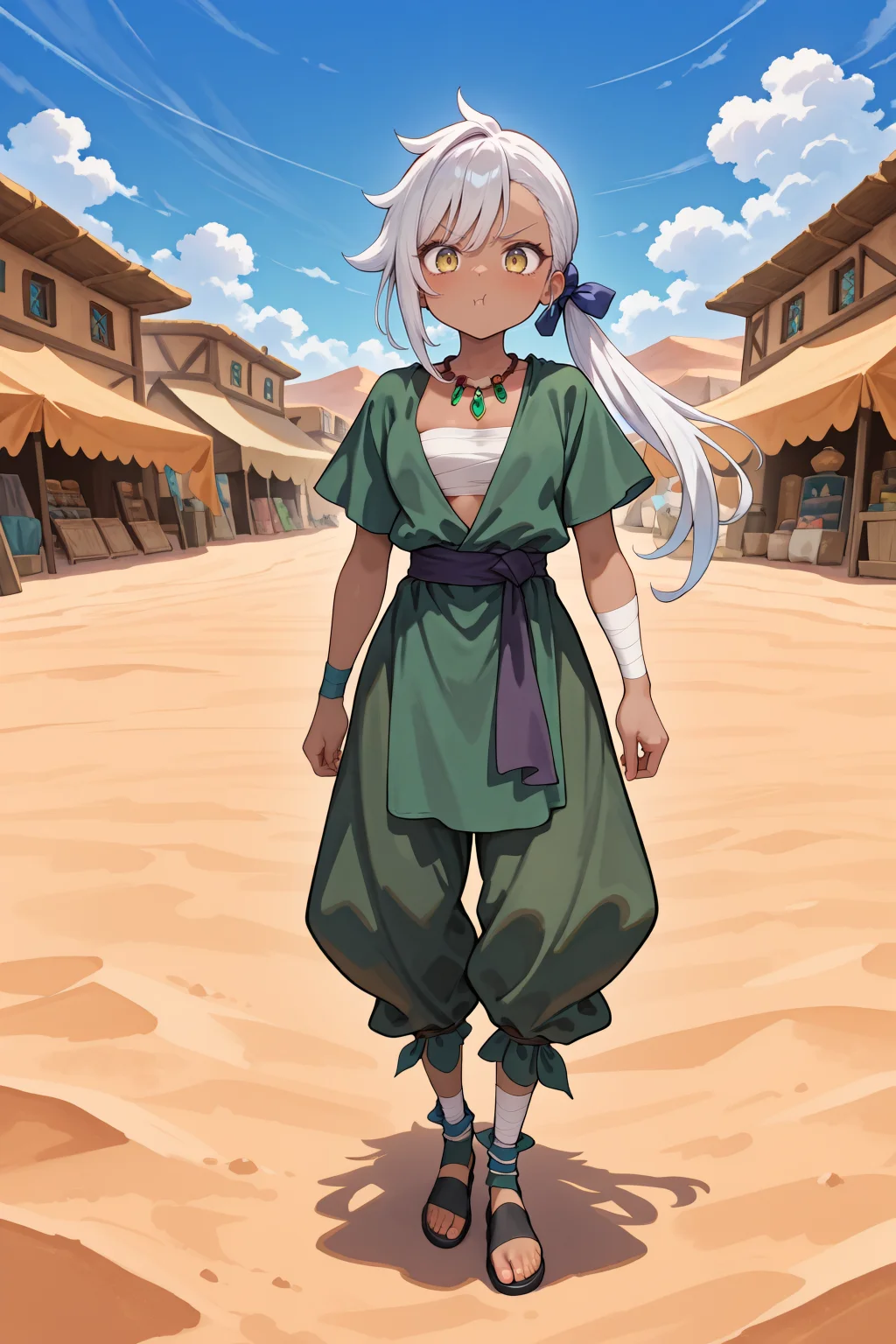 masterpiece, very aesthetic, absurdres, best quality, amazing quality, high resolution, newest, very awa, <lora:illustrious_quality_modifiers_masterpieces_v1:0.8> , <lora:ChamIllustriousBackgroundEnhancer:0.5>, ((solo)), <lora:AmareusIL:0.8> , amadef, 1girl, dark skin, yellow eyes, long hair, white hair, side ponytail, necklace, sarashi, green tunic, sash, bandaged arm, bandaged ankle, ankle wrap, black sandals, full body, exterior, desert, village, bazaar, pout, shopping, looking at viewer blue sky, clouds,