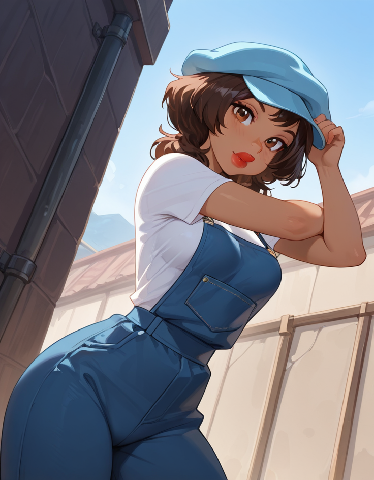 masterpiece, best quality, amazing quality, very aesthetic, absurdres,  newest, detailed background, 4k, 8k, outdoors, beautiful eyes, hyperdetailed, dynamic pose, dynamic angle,
audreyxd, 1girl, solo, dark-skinned female, medium hair, hat, lips, lipstick, brown eyes, white shirt, overall, cowboy shot, medium breasts, looking at viewer, 
 <lora:Audrey_Ramirez_-_Disney_Illustrious:1>