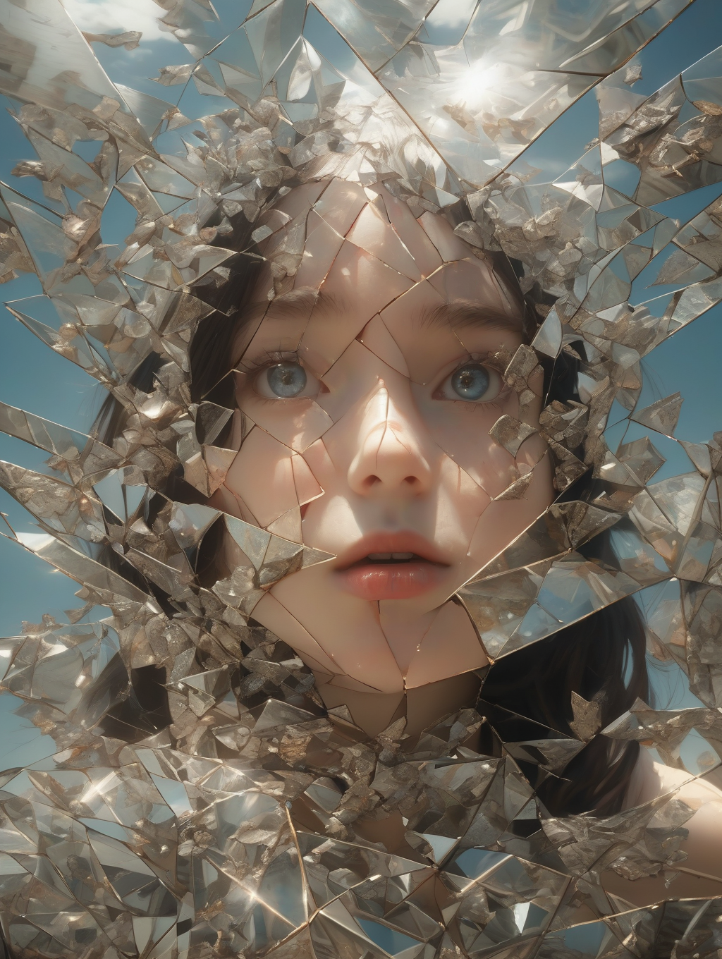 Hyperrealistic art digital art in the style of epic Surreal, abstract, bizarre,  An image of a reflective surface shattered into many small pieces that reflect in different directions., cinematic masterpiece 8k 4k insane quality ultra high resolution intricate detail hyperrealistic beautiful gorgeous HDR Cinestill Canon 5D