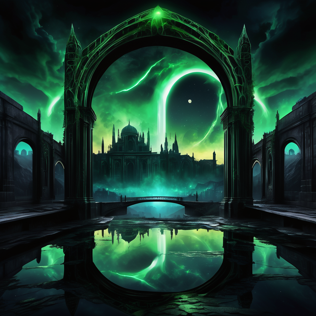 ((best quality)), ((masterpiece)), ((realistic,digital art)), (hyper detailed),DonMD34thM4g1cXL, magical,eerie,  Urban Landscape Dusk,Murky Reflections,Celestial Event,Arch, <lora:DonMD34thM4g1cXL_v3.0-000015:0.85>