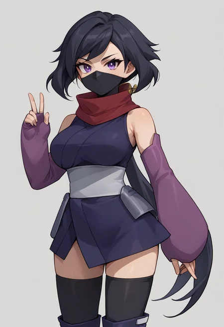 score_9, score_8_up, score_7_up, source_anime, good anatomy, 1girl, solo, AyameGBD, black hair, long hair, split ponytail, ponytail, very long hair, zettai ryouiki, purple eyes, bare shoulders, ninja, dark blue kimono, white obi, black thighhighs, thighhighs under boots, dark blue kneeboots, white sandals, detached sleeves, elbow gloves, fingerless gloves, long purple gloves, ninja mask, half mask, mouth mask, red scarf, standing, ninja handsign, fluttering kimono