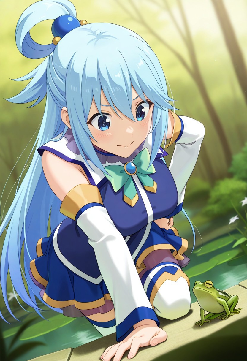 masterpiece, best quality, good quality, very aesthetic, absurdres, newest, 8K, detailed anime, depth of field, focused subject, vibrant anime, BREAK
Aqua (Konosuba), bending down to look at a frog, lily pond