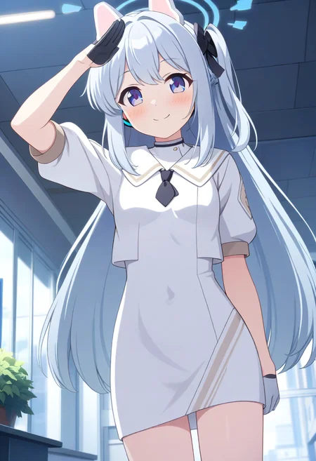 game cg, 1girl, solo, operator uniform, miyako \(blue archive\), white fake animal ears, halo, smile, closed mouth, salute, neckerchief, (short jacket:1.5), white dress, short necktie, half gloves, white short boots, <lora:utnapishtim_operator_ag3.1:0.8>