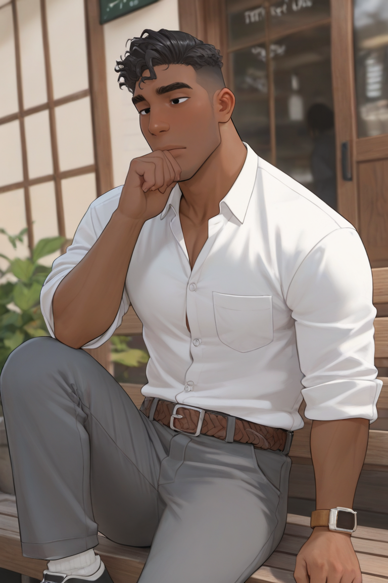 expressive manly face, shadow, dynamic angle, intricately detailed, depth of field, masterpiece, best quality, amazing quality, very aesthetic, absurdres, newest, very awa, 1boy, make focus, solo,coralluke,black hair,short hair,black eyes,dark skin, white button-up shirt, rolled-up sleeves, gray pants, belt, shoes, outdoors, sitting at a cafe