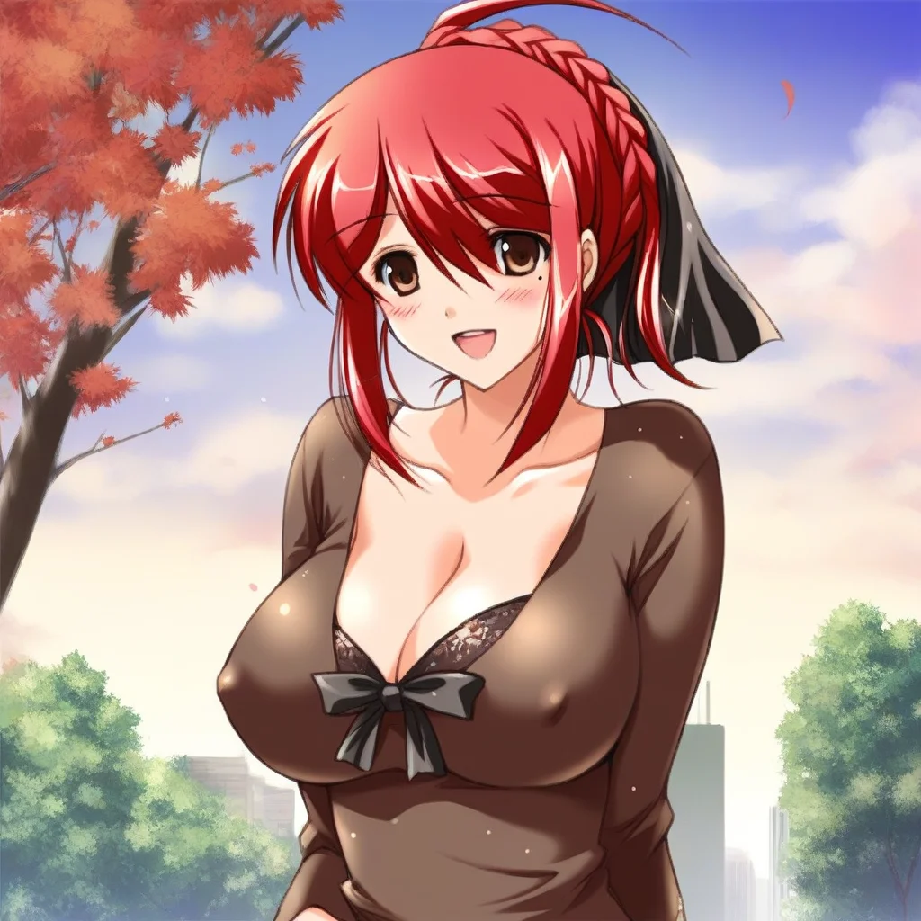 score_9, score_8_up, score_7_up, source_anime, rating_explicit, BREAK <lora:Saeki_Nozomi_XL:1> SaekiNozomi, red hair, large breasts, brown eyes, hair ribbon, braid,
1girl, solo, blush, cleavage, lamppost, ribbon, smile, outdoors, mole, open mouth, tree, sky, cloud, upper body, bow