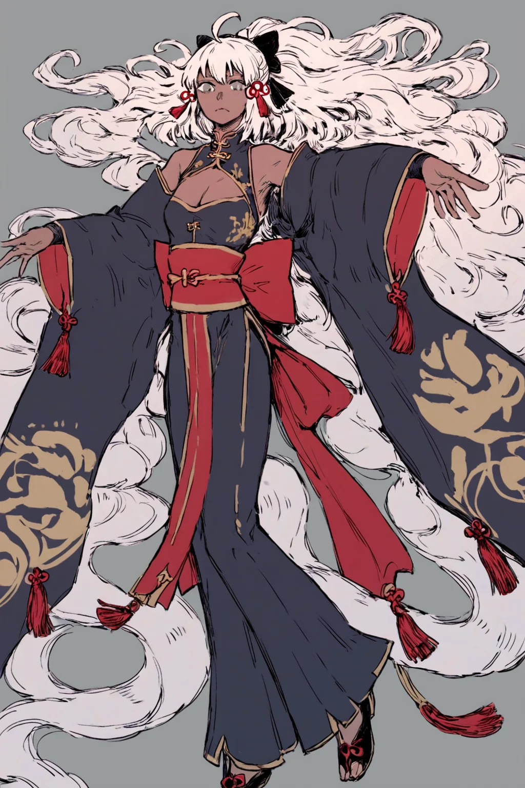 score_9, score_8_up, score_7_up, okita souji alter \(fate\), ahoge, black bow, black footwear, chinese clothes, chinese knot, cleavage, cleavage cutout, clothing cutout, dark skin, grey eyes, hair bow, half updo, hanfu, layered sleeves, long hair, long sleeves, pants, robe, sash, tassel, very long hair, white hair, wide sleeves, solo, solo focus, cowboy shot, wide shot,high contrast,detailed background,dark, simple background, Arms outstretched to the side, <lora:godiva_color:1.3>