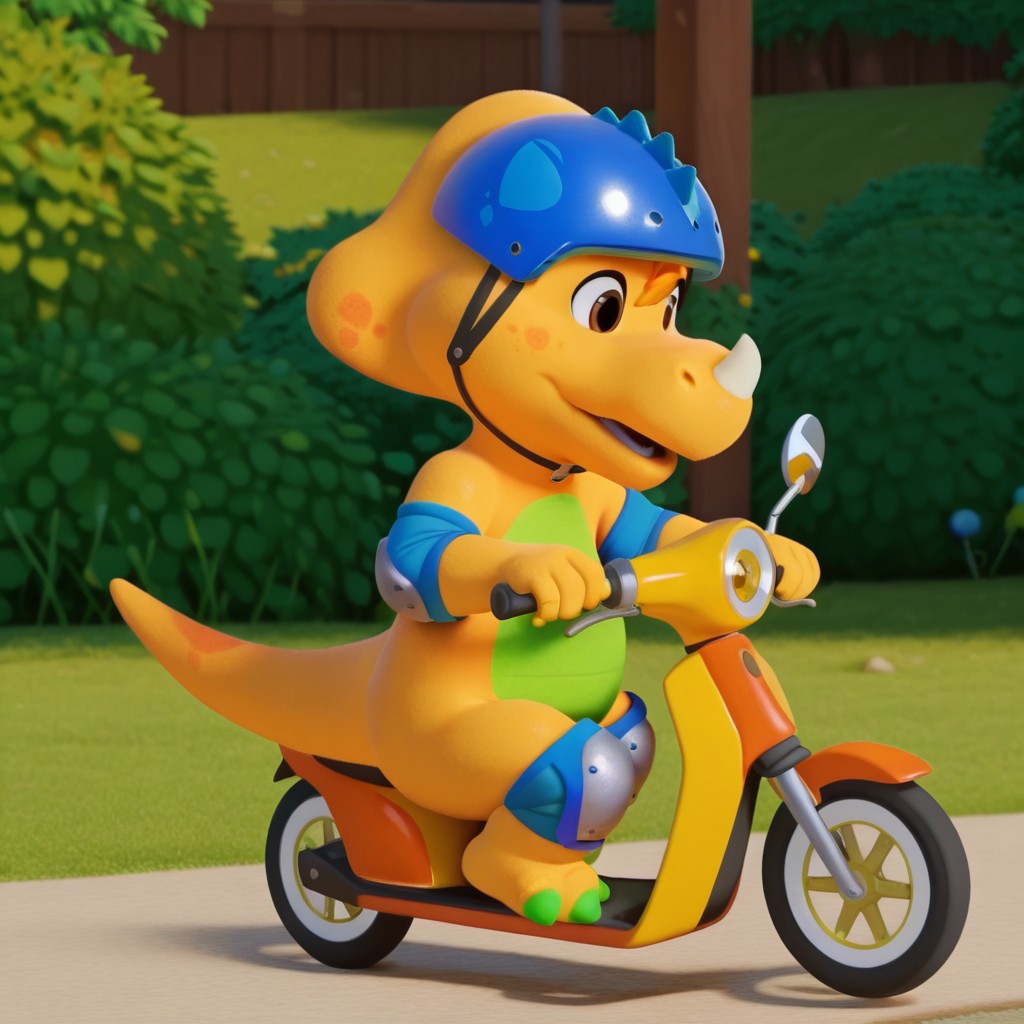 ((masterpiece, best quality, amazing quality,))  billybwil, semi-anthro, male, dinosaur, yellow skin, orange hair tuft, brown eyes, nose horn, blue helmet, blue elbow pads, blue knee pads, riding, scooter, solo, outside, full body