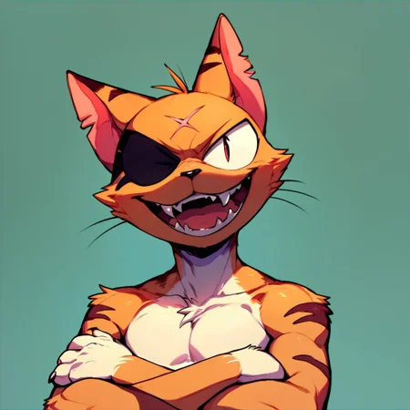 matatabi_ckc, solo, furry male, furry, looking at viewer, orange fur, crossed arms, eyepatch, male, cat, scar, simple background background, smile, open mouth, fangs, (((score_9, score_8, score_7, high quality, high detail, detailed face, good anatomy)))
