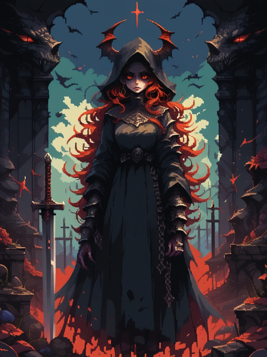 score_9, score_8_up, score_7_up, score_6_up, <lora:d3p1x3lXLP:1> d3p1x3l, pixel art, 1girl, sword, demon