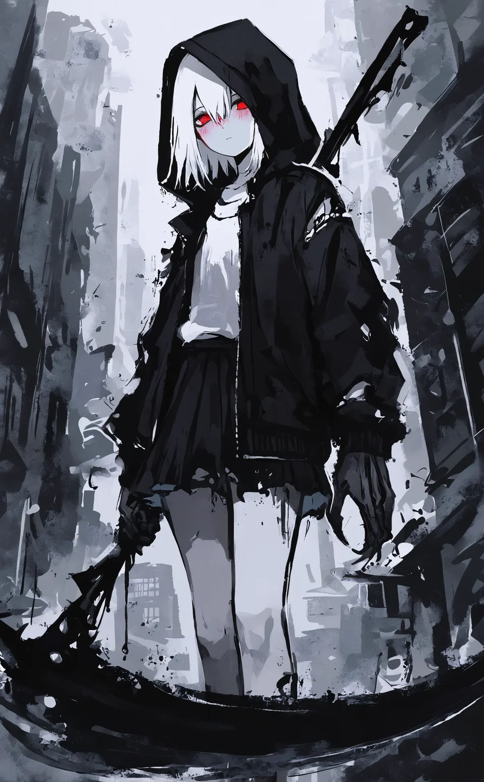 masterpiece, best quality, amazing quality, 1girl, solo, looking at viewer, short hair, shirt, skirt, red eyes, holding, hair between eyes, closed mouth, standing, jacket, white shirt, white hair, weapon, outdoors, pleated skirt, open clothes, medium hair, hood, black skirt, miniskirt, open jacket, black jacket, torn clothes, expressionless, building, hooded jacket, pale skin, claws, hood up, scythe, grey skin, holding scythe, torn, Karinami Inkblush mode,thick ink outlines,soft marker gradients,era 2020s indie illustration,(Inkblush style:1.2), <lora:noobai_ep11_stabilizer_v0.138_fp16:0.3> <lora:XXX667:0.6> <lora:96YOTTEA-WAI:0.6> <lora:Karinami_Inkblush_mode_Illustrious_clean:0.5>