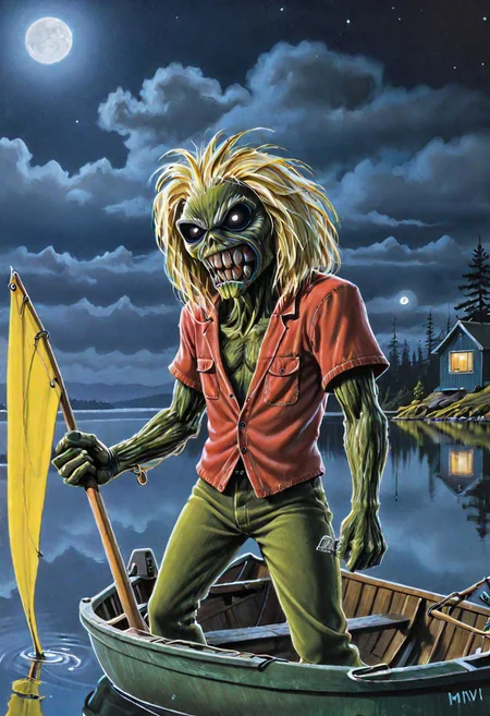 masterpiece, top quality, best quality, highest quality, highest detailed, Simon Stlenhag Style, hmvi style, close up, Ink art of a monster, dressed as a fisherman in a rowboat, on a lake, at night, iron maiden poster 1988, full-color illustration, an airbrush painting