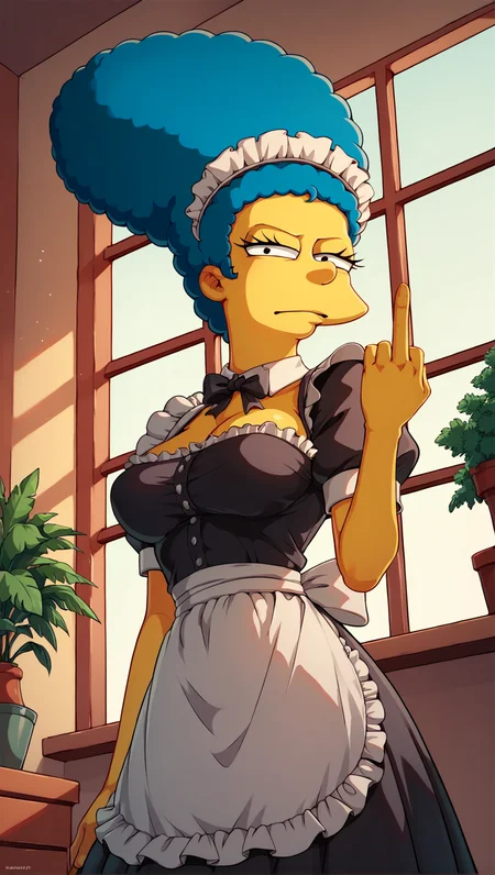 (Marge Simpson:1.1),lothed,indoors,potted plant,window,The Simpsons by croc. colorful,sunlight,looking at viewer,serious,dutch angle,maid uniform,double middle finger,score_9,score_8,score_7,score_8_up,score_7_up,score_6_up,<lora:Simpsons_by_Croc:0.7>,