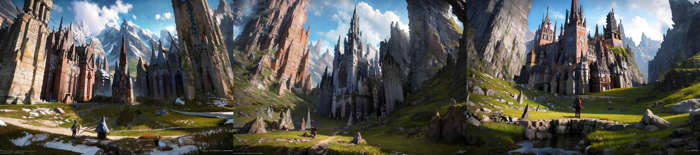 (otherworldly), highly insanely detailed, masterpiece, top quality, best quality, highres, 4k, 8k, RAW photo, epic medieval fantasy, 1boy, bird, fanmou, landscape, mountain, nature, outdoors, ruins, sky, solo, tree, winter, <lora:Fantasy_Mountains:0.7>, epiCPhoto, (fantasy world)