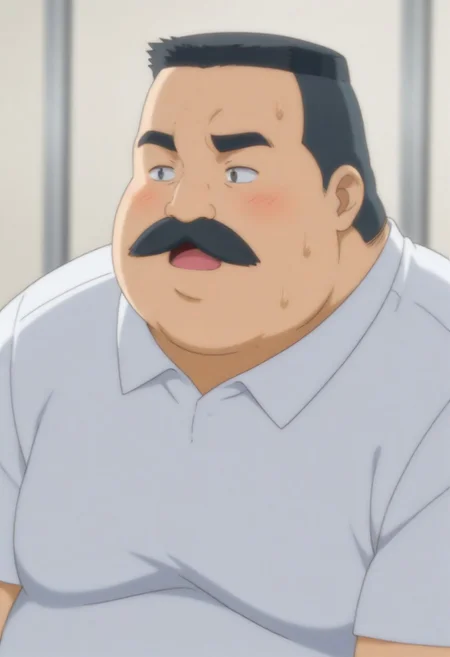 (masterpiece, best quality, amazing quality, detailed background,) hige_habahiro, 1boy, mature male, male focus, black short hair, crew cut, fat face, thick eyebrows, mustache, no mouth, fat, chubby, obese, big pec, big belly, white short sleeves, 1boy, male focus, mustache, solo, facial hair, blush, fat, sweat, thick eyebrows, upper body, open mouth