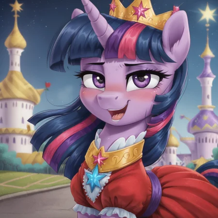 score_9, score_8_up, score_7_up, score_6_up, score_5_up, score_4_up, g4, pony, feral pony, twilight sparkle, crown, ahegao, dress, look at you, canterlot, night, blushing, cute, glare, high res,