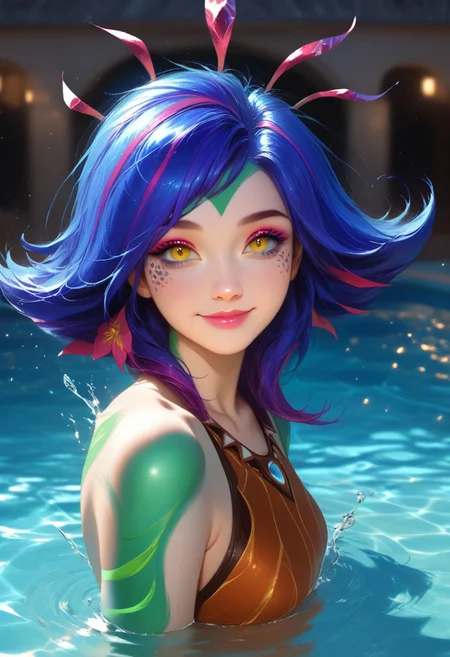 solo, realistic, best quality, photorealistic, masterpiece, 8k, high res, solo, extremely detailed face, (professional lighting, bokeh), (light particles, lens flare, glowing particles:0.6), (dynamic pose:1.2), soft lighting, fashionable and trendy atmosphere, japan, tokyo, (swimming pool), school, ((daytime)), sky, ((looking at the viewer:1)), (looking at the camera),(portrait:0.6), cowboy shot, gorgeous, swimming, keep original facial proportion, wide shoulder, full body, (medium breast), (medium hair), floating hair, lips, lipstick, seductive smile, floating hair, smile, closed mouth, eyelashes, mature body, water splashing, neeko, multicolored hair, colored skin, facial mark, forehead mark, hair ornament, half-closed eyes, eyeshadow, eyelashes, eyeliner, makeup, young face, adult, full body, kneelengthmizugi