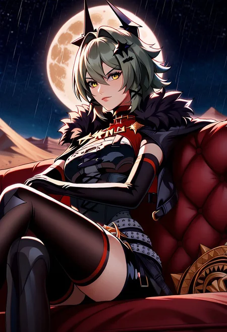 <lora:caesar-king-ponyxl-lora-nochekaiser:1>, caesar king, green hair, short hair, hair between eyes, sidelocks , yellow eyes, confident, hair intakes, v-shaped eyebrows, fierce fase, side look, look at viewer
black gloves, black shorts, black shirt, black thighhighs, gloves, black skirt, grey belt, fur-trimmed jacket, elbow gloves, fur trim, hair ornament, open jacket, emblem, black horns,
Sit on couch, leaning against couch's sidearm, look from side, view from below
Red desert on background, night, starts, white yellow small moon, wind, rain of stars