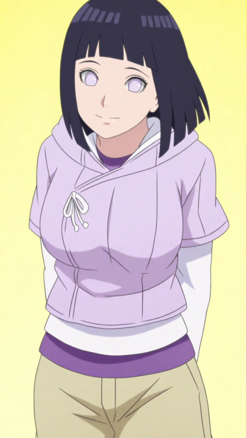source_anime, masterpiece, best quality, amazing quality, anime screencap, high quality, 8k, absurdres, official style, 1girl, solo, looking at viewer, standing, hands behind back, simple background, smile, <lora:Hinata_Boruto_iL:1>, h1n4t4 b05ut0, white eyes, no pupils, black hair, bangs, blunt bangs, short hair, h1n4t4 b05ut0, b05ut0 outfit, hood, hoodie, long sleeves, breasts, large breasts, shorts,
