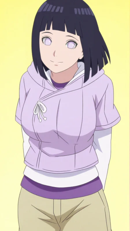 source_anime, masterpiece, best quality, amazing quality, anime screencap, high quality, 8k, absurdres, official style, 1girl, solo, looking at viewer, standing, hands behind back, simple background, smile, <lora:Hinata_Boruto_iL:1>, h1n4t4 b05ut0, white eyes, no pupils, black hair, bangs, blunt bangs, short hair, h1n4t4 b05ut0, b05ut0 outfit, hood, hoodie, long sleeves, breasts, large breasts, shorts,