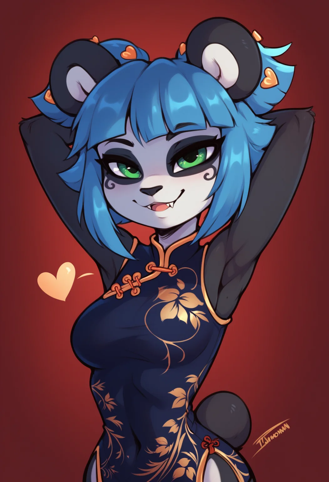 (score_9, score_8_up), score_7_up, score_6_up, score_5_up, score_4_up, furry, (black and white fur), 1girl, masterpiece, best quality, animal nose, gold hearts, eye makeup, Nuwa Nightstone, green eyes, blue hair, (panda girl), panda ears, panda tail, black chinese outfit, red background, :D, fangs, arms behind head, close-up, <lora:Smooth Anime Style LoRA XL:0.7> <lora:Nuwa_Nightstone_XL_Pony_Edition:1>