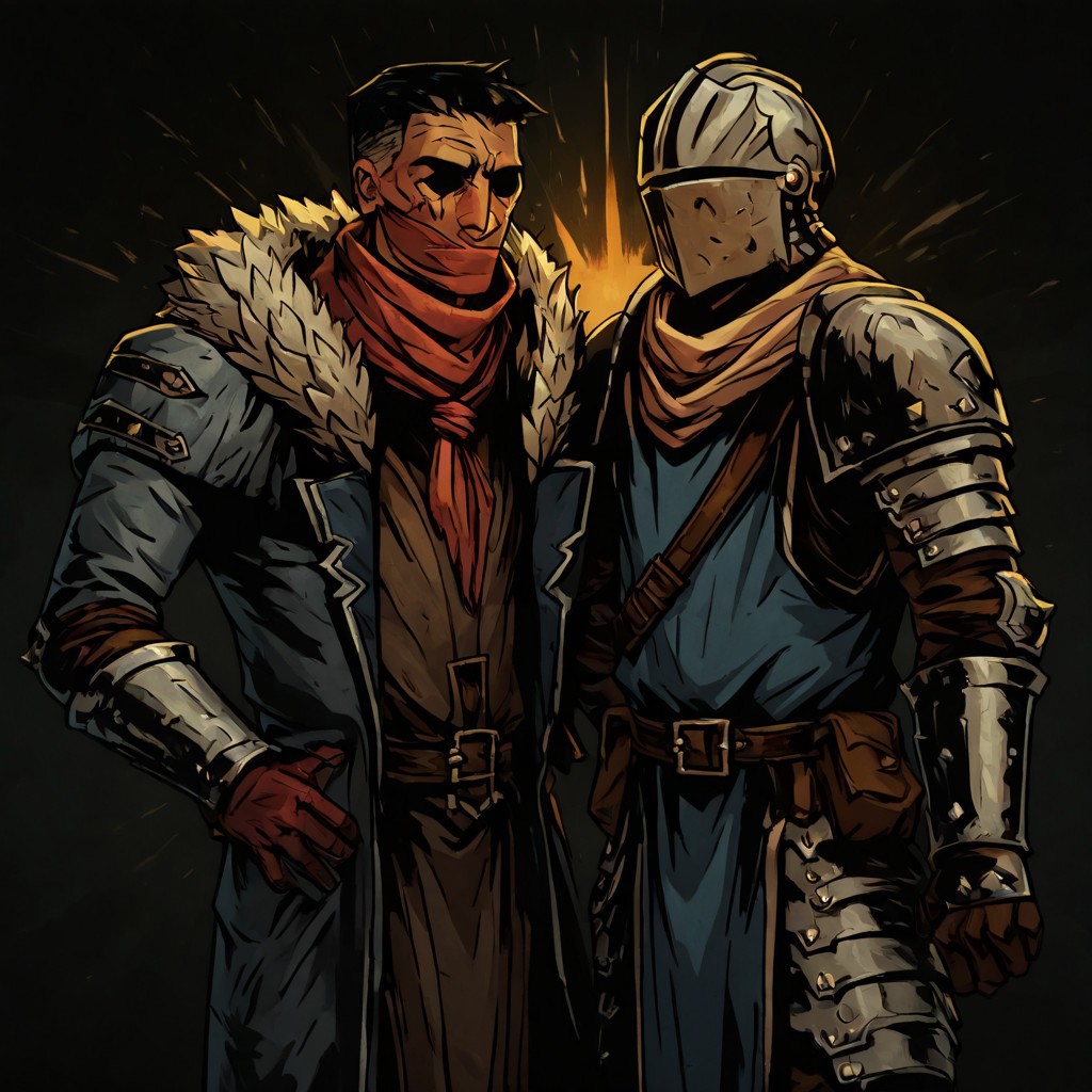 masterpiece, best quality, newest, absurdres, highres, TTCSV1.0,
DDstyle, black eyes, shaded eyes, 2boys, multiple boys, DDR&D-V1.0 1boy, DDDismas-V1.1, bandana, scarf, red bandama, fur trim, BREAK 1boy, DD-ReyV1.1, knight, armor, helmet,
Show less