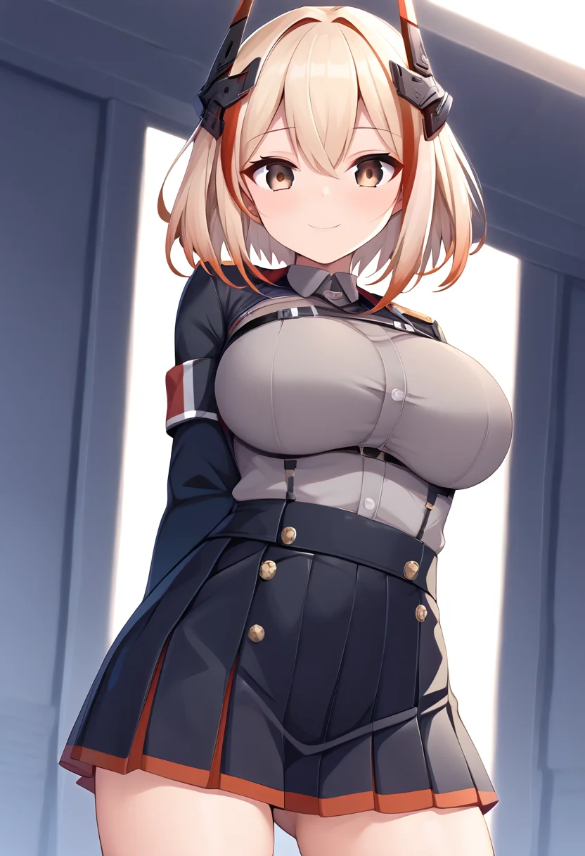 score_9, score_8_up, score_7_up, score_6_up, score_5_up, score_4_up, source_anime,
BREAK,
1girl, solo, standing, looking at viewer, smile, arms behind back,
<lora:roon_azurlane_ponyXL:1> roon \(azur lane\), blonde hair, red hair, multicolored hair, short hair, brown eyes, headgear, large breasts, grey shirt, black jacket, pleated skirt, army uniform,