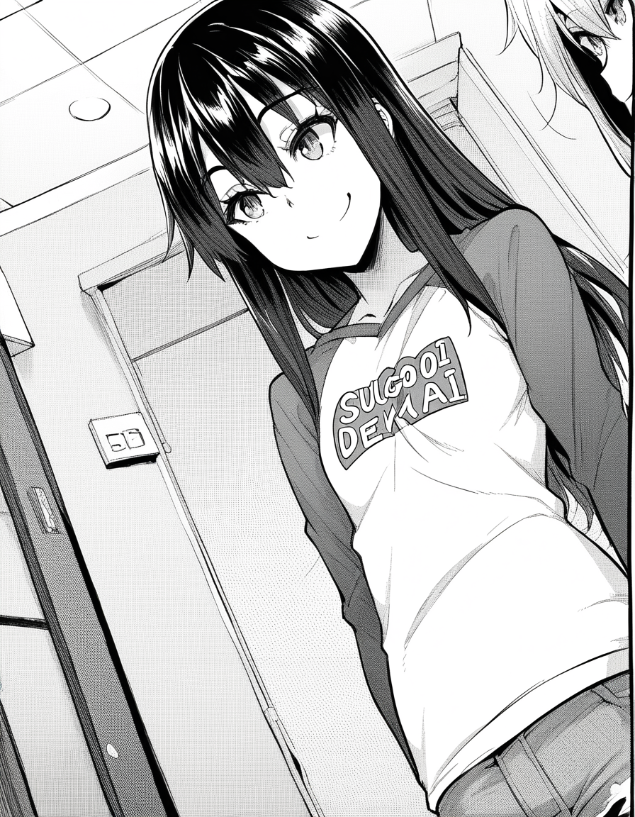 score_9, score_8_up, score_7_up, source_anime, sakiyoshida, <lora:saki-yoshida-manga-ponyxl-lora-nochekaiser:1>, saki yoshida, long hair, hair between eyes, monochrome, greyscale, black hair,, <lora:sugoi-dekai-ponyxl-lora-nochekaiser:1>, sugoi dekai, clothes writing, raglan sleeves, t-shirt, denim, denim skirt,, indoors, smile, smug,, cowboy shot, dutch angle,