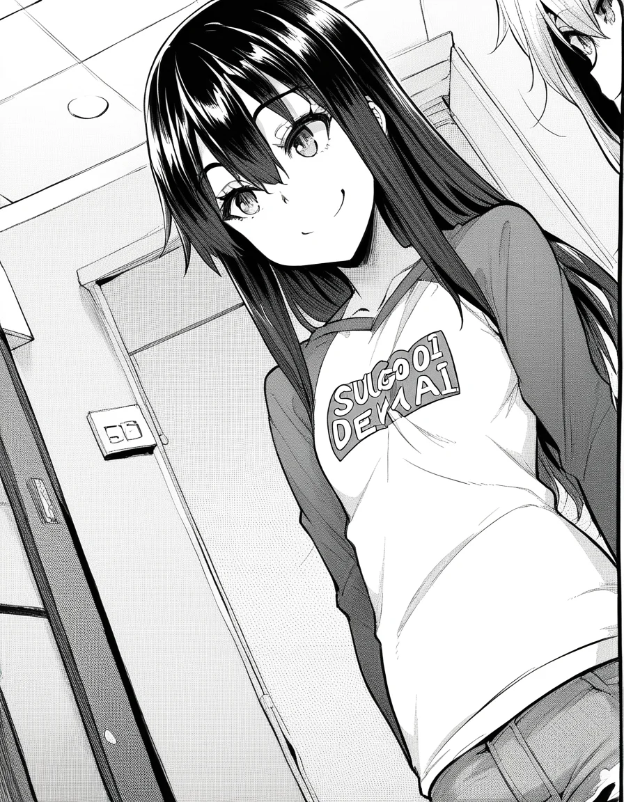 score_9, score_8_up, score_7_up, source_anime, sakiyoshida, <lora:saki-yoshida-manga-ponyxl-lora-nochekaiser:1>, saki yoshida, long hair, hair between eyes, monochrome, greyscale, black hair,, <lora:sugoi-dekai-ponyxl-lora-nochekaiser:1>, sugoi dekai, clothes writing, raglan sleeves, t-shirt, denim, denim skirt,, indoors, smile, smug,, cowboy shot, dutch angle,