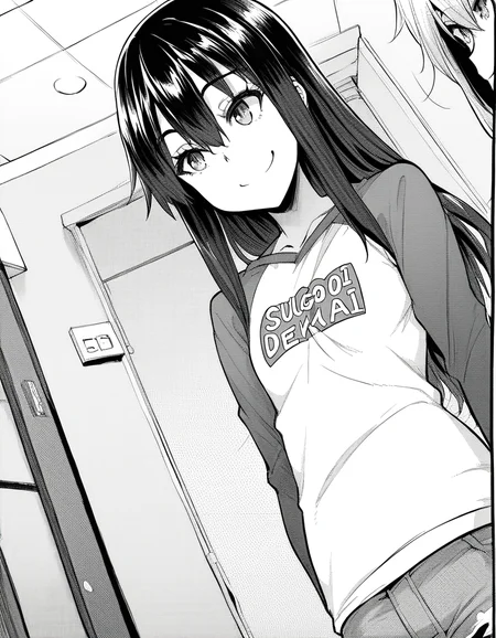 score_9, score_8_up, score_7_up, source_anime, sakiyoshida, <lora:saki-yoshida-manga-ponyxl-lora-nochekaiser:1>, saki yoshida, long hair, hair between eyes, monochrome, greyscale, black hair,, <lora:sugoi-dekai-ponyxl-lora-nochekaiser:1>, sugoi dekai, clothes writing, raglan sleeves, t-shirt, denim, denim skirt,, indoors, smile, smug,, cowboy shot, dutch angle,