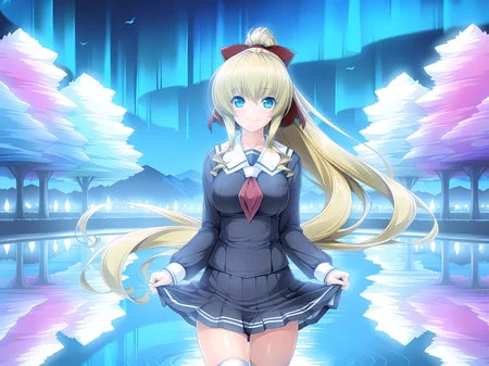 <lora:Ries_-_Illustrious>,ries,lusterise,high ponytail,school outfit,cowboy shot,long hair,large breasts,looking at viewer,smile,Breathtaking park scene with flowers,(majestic:1.2) trees,and a (serene:1.1) pond reflecting the sky,(playful) squirrels,and (colorful) birds,moonlight,night,night sky,aurora,, masterpiece,best quality,amazing quality,