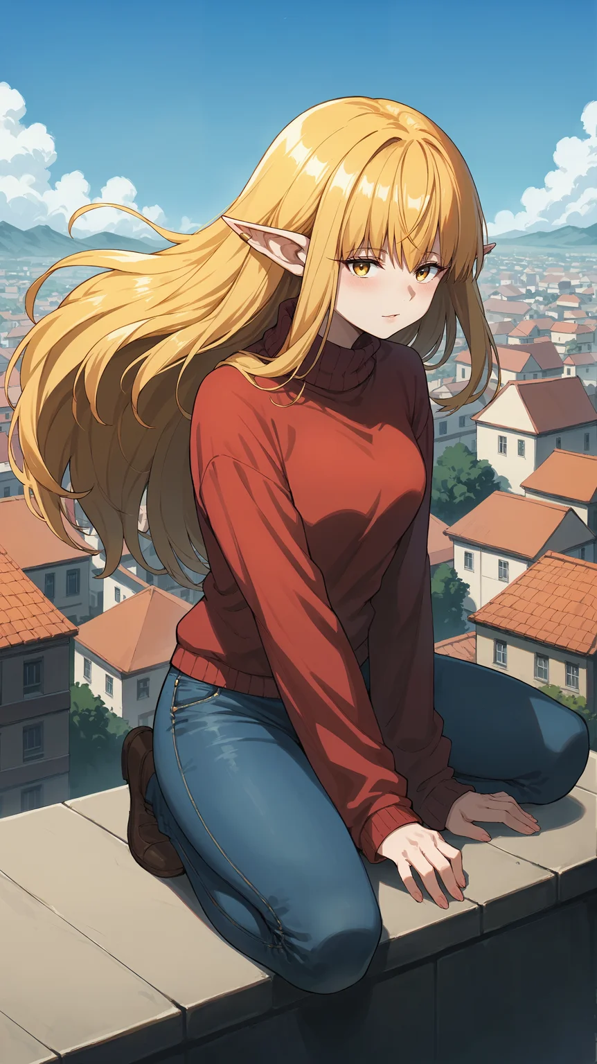 score_9,score_8_up,score_7_up,score_6_up, <lora:xl_more_art-full_v1:0.5>, source_anime, woman, dynamic pose, straddling, <lora:Serie - Pony:0.9>, long hair, blonde hair, hair tubes, low-tied sidelocks, yellow eyes, pointy ears, elf ears, bangs, red sweater, turtleneck sweater, jeans, rooftop, horizon, wind,