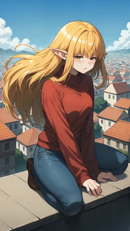score_9,score_8_up,score_7_up,score_6_up, <lora:xl_more_art-full_v1:0.5>, source_anime, woman, dynamic pose, straddling, <lora:Serie - Pony:0.9>, long hair, blonde hair, hair tubes, low-tied sidelocks, yellow eyes, pointy ears, elf ears, bangs, red sweater, turtleneck sweater, jeans, rooftop, horizon, wind,