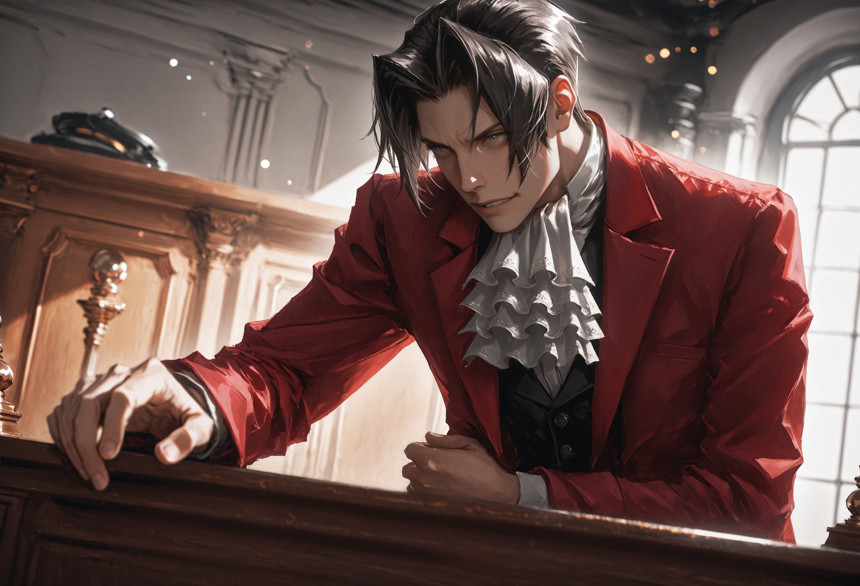 c0rtr00m,indoors, formal, courtroom, 1boy,male focus,Miles Edgeworth,tall,parted bangs,((one arm down)),one empty hand,hand on counter,courtroom,indoor,outstretched arm,((hand on counter,one hand down)),dark hair,swept back hair,,ascot,red jacket,detailed face,dramatic,dramatic stance,dynamic pose,side view,high angle poseintense atmosphere, detailed clothing, dramatic lighting,stylish,((perfect eyes,dark eyes,grey eyes,))hand focus,from below angle,smug smirk,smartass,,dominant,profile,scowl,,expressive,cinematic,indoors,imponent ,detailed eyes,perfect eyes,, cinematic,dutch angle,bokeh,depth of view, young,handsome,cute,handsome,young,cruel smile,smirk,detailed face,bending,bending arm,leaning down,slighly annoyed,serious expression,cold gaze,cold stare,looking  in front of him,tconfident,overconfident,Swaggering,chuckle,teeth,