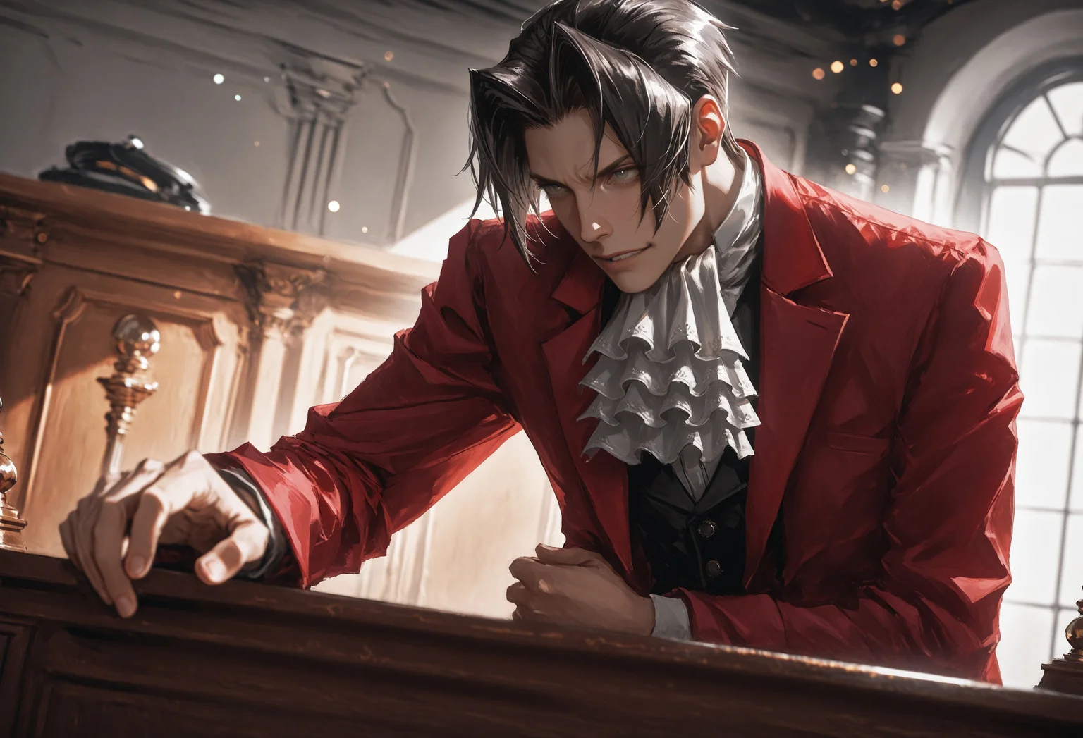 c0rtr00m,indoors, formal, courtroom, 1boy,male focus,Miles Edgeworth,tall,parted bangs,((one arm down)),one empty hand,hand on counter,courtroom,indoor,outstretched arm,((hand on counter,one hand down)),dark hair,swept back hair,,ascot,red jacket,detailed face,dramatic,dramatic stance,dynamic pose,side view,high angle poseintense atmosphere, detailed clothing, dramatic lighting,stylish,((perfect eyes,dark eyes,grey eyes,))hand focus,from below angle,smug smirk,smartass,,dominant,profile,scowl,,expressive,cinematic,indoors,imponent ,detailed eyes,perfect eyes,, cinematic,dutch angle,bokeh,depth of view, young,handsome,cute,handsome,young,cruel smile,smirk,detailed face,bending,bending arm,leaning down,slighly annoyed,serious expression,cold gaze,cold stare,looking in front of him,tconfident,overconfident,Swaggering,chuckle,teeth,